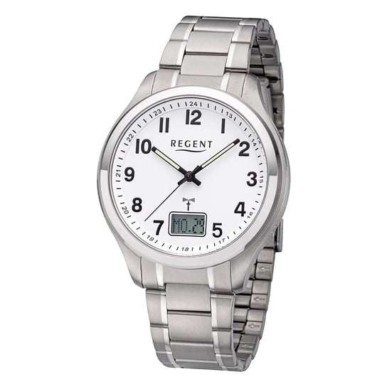 Zegarek męski Regent sterowany radiowo analogowo-cyfrowy bransoleta tytanowa srebrny UR1501568 Regent