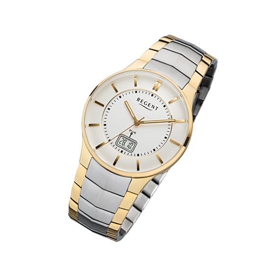 Zegarek na rękę Regent srebrno-złoty FR-213 męski analogowo-cyfrowy zegarek sterowany radiowo URFR213 Regent
