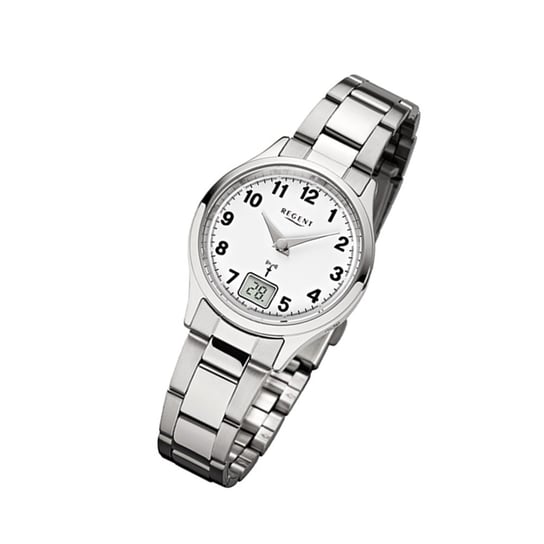 Zegarek na rękę Regent srebrny FR-193 damski analogowo-cyfrowy zegarek sterowany radiowo URFR193 Regent