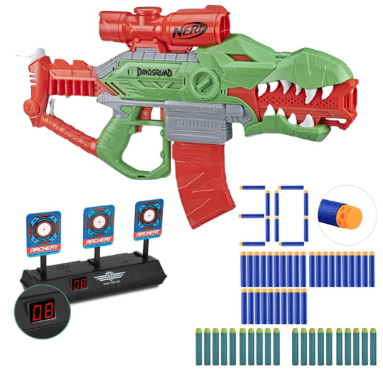 Zesataw Pistolet Nerf Dinosquad Rex-Rampage F0807 + elektroniczna tarcza 3 cele + 30 strzałek waffle Hasbro