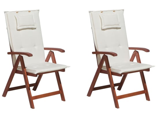 Zestaw 2 krzeseł ogrodowych drewnianych z białymi poduszkami TOSCANA Beliani