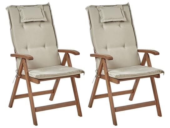 Zestaw 2 krzeseł ogrodowych drewno akacjowe z poduszkami beżowoszarymi AMANTEA Beliani