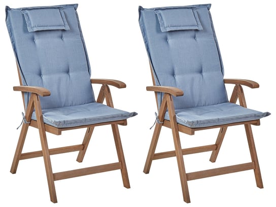 Zestaw 2 krzeseł ogrodowych drewno akacjowe z poduszkami niebieskimi AMANTEA Beliani