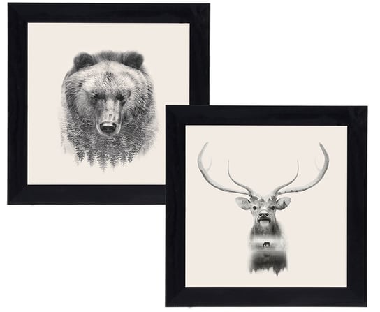 Zestaw 2 obrazów w czarnej ramie w rozmiarze 30x30 cm- Jeleń/ Niedźwiedź POSTERGALERIA
