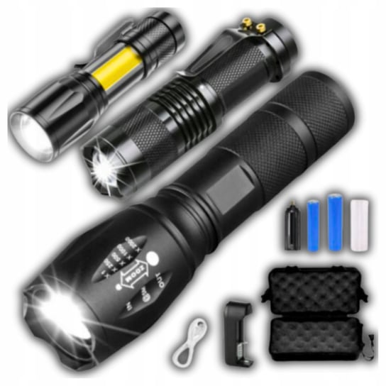 Zestaw 3 Mocnych Latarek Wojskowych Taktyczna 1800lm LED ZOOM Akumulator Kapsell.mk