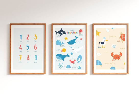 Zestaw 3 plakatów do pokoju dziecięcego A3 morskie edukacyjne Cardie
