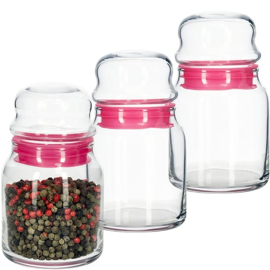 Zestaw 3 sztuk szklanych pojemników na przyprawy, słodycze z pokrywą o pojemności 3x290 ml. Postergaleria