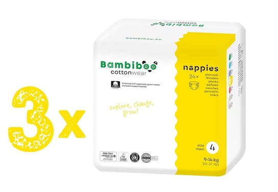 Zestaw 3 X 24 Szt. - Jednorazowe Pieluszki Bambiboo Cottonwear Z Bawełną Organiczną Dla Dzieci, Rozmiar 4 Maxi (9-14Kg) Bambiboo