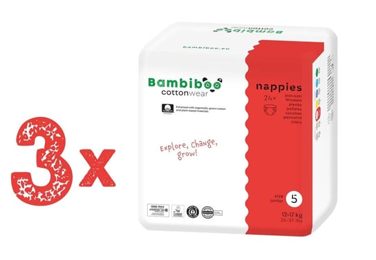 Zestaw 3 X 24 Szt. - Jednorazowe Pieluszki Bambiboo Cottonwear Z Bawełną Organiczną Dla Dzieci, Rozmiar 5 Junior (12-17Kg) Bambiboo