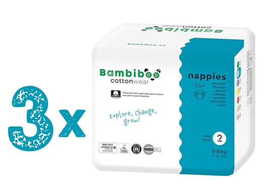 Zestaw 3 X 26 Szt - Jednorazowe Pieluszki Bambiboo Cottonwear Z Bawełną Organiczną I Wycięciem Na Pępek, Rozmiar 2 Mini (3-8Kg) Bambiboo