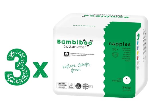 Zestaw 3 X 28 Szt. - Jednorazowe Pieluszki Bambiboo Cottonwear Z Bawełną Organiczną I Wycięciem Na Pępek, Rozmiar 1 Newborn (2-4 Bambiboo