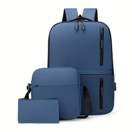Zestaw 3w1 Plecak Na Laptopa z USB Saszetka Kosmetyczka Dallas Niebieski Elegancki Męski Funkcjonalny Duży Wygodny Młodzieżowy Miejski Podróżny Z Miejscem Na Laptopa One Size Inna marka