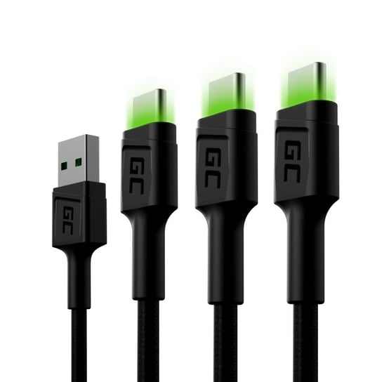 Zestaw 3x Kabel Green Cell GC Ray USB - USB-C 200cm, zielony LED, szybkie ładowanie Ultra Charge, QC 3.0 Green Cell
