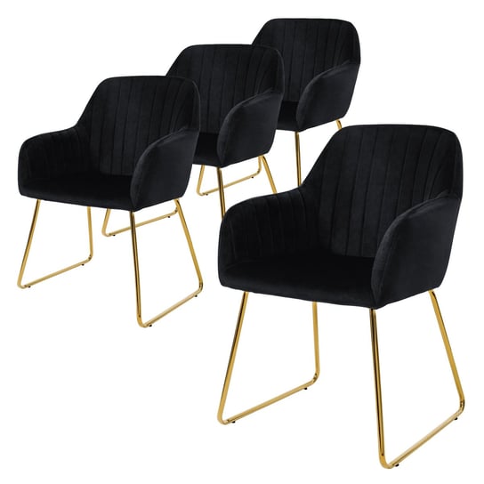 Zestaw 4 Czarnych Krzeseł Do Jadalni Z Aksamitnym Siedziskiem I Złotymi Metalowymi Nogami ML-DESIGN