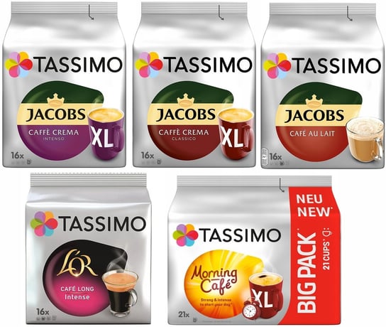 Zestaw 5x Kapsułki do Tassimo Jacobs kawy czarne XL i Cafe au lait 85szt Tassimo