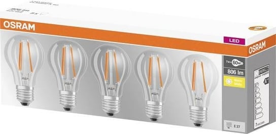 Zestaw 5x Żarówek LED filament OSRAM, E27, 7 W = 60 W, 806 lm, 2700 K Osram Ledvance