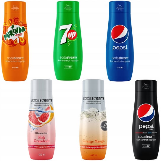Zestaw 6 koncentratów SodaStream Pepsi+Mirinda+7UP+Grapefruit+Orange-Mango+Pepsi MAX Soda Stream
