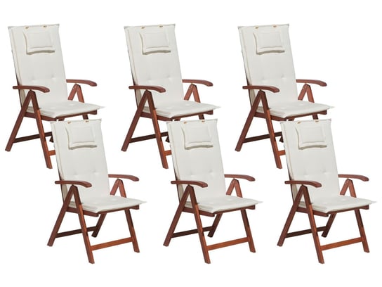 Zestaw 6 krzeseł ogrodowych drewnianych z białymi poduszkami TOSCANA Beliani