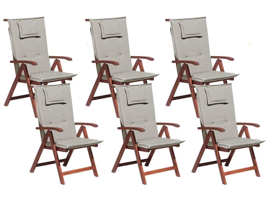 Zestaw 6 krzeseł ogrodowych drewnianych z szarobeżowymi poduszkami TOSCANA Beliani