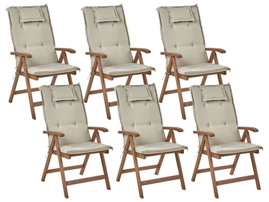 Zestaw 6 krzeseł ogrodowych drewno akacjowe z poduszkami beżowoszarymi AMANTEA Beliani