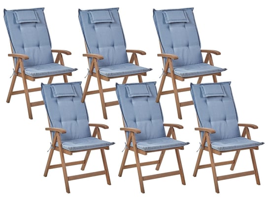 Zestaw 6 krzeseł ogrodowych drewno akacjowe z poduszkami niebieskimi AMANTEA Beliani