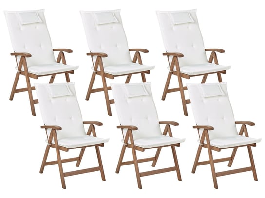 Zestaw 6 krzeseł ogrodowych drewno akacjowe z poduszkami złamana biel AMANTEA Beliani