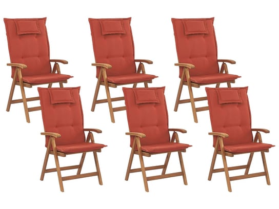Zestaw 6 Krzeseł Ogrodowych Składany Drewno Akacjowe Z Poduszkami Czerwonymi Java Beliani