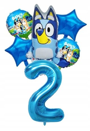 Zestaw 6 Potężnych Balonów Bluey / 2 Urodziny / Niebieska Cyfra 80cm Greenzone