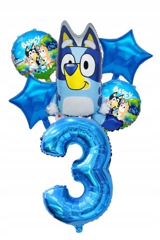 Zestaw 6 Potężnych Balonów Bluey / 3 Urodziny / Niebieska Cyfra 80cm Greenzone