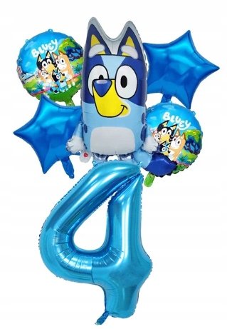 Zestaw 6 Potężnych Balonów Bluey / 4 Urodziny / Niebieska Cyfra 80cm Greenzone