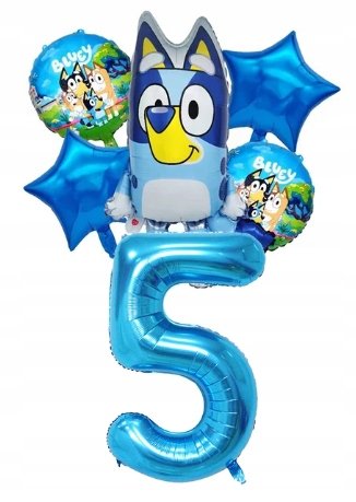 Zestaw 6 Potężnych Balonów Bluey / 5 Urodziny / Niebieska Cyfra 80cm Greenzone