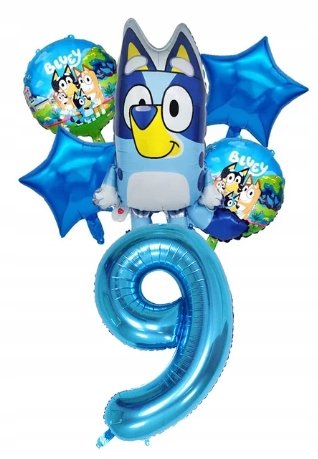 Zestaw 6 Potężnych Balonów Bluey / 9 Urodziny / Niebieska Cyfra 80cm Greenzone