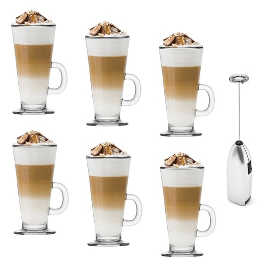 Zestaw 6 szklanek tadar caffee latte 250 ml i elektryczny spieniacz do mleka Tadar