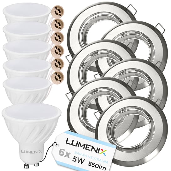 Zestaw 6x oprawa halogenowa SATYNOWA OKRĄGŁA + żarówka GU10 LED 5W Neutralna Lumenix DLED