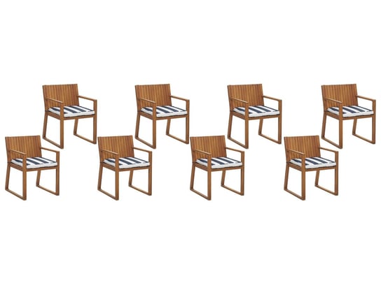 Zestaw 8 krzeseł ogrodowych drewnianych z poduszkami niebiesko-białymi SASSARI Beliani