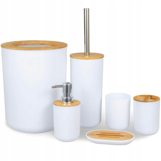 Zestaw akcesoriów 6 elementów do łazienki WC komplet z bambusem - biały EVI