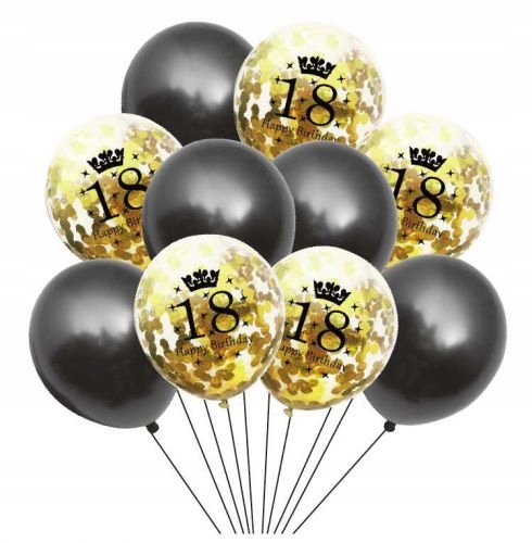 Zestaw Balonów 18 urodziny czarne i konfetti złote ImprezCzas