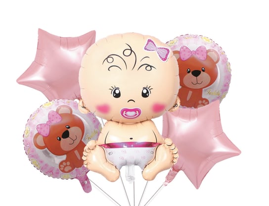 Zestaw balonów Baby Girl , Baby Shower, z misiem, 5 el. Party spot