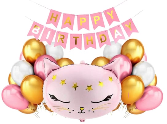 Zestaw balonów Kotek różowy dla dziewczynki z kotkiem Baner Happy Birthday inna (Inny)