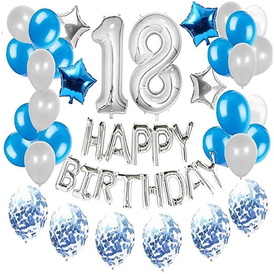 Zestaw balonów na 18-ste urodziny - srebrno - niebieski HEDO