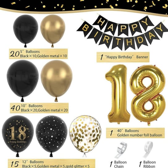 Zestaw balonów na 18 urodziny w kolorze czarnym i złotym 85el Galaxy