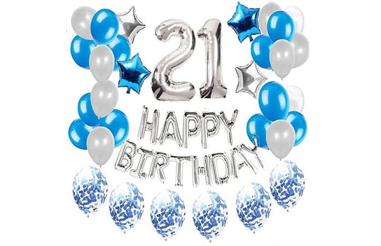Zestaw balonów na 21 urodziny - srebrno - niebieski 45 balonów HEDO