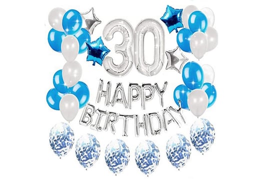Zestaw balonów na 30-ste urodziny - srebrno - niebieski 45 sztuk HEDO