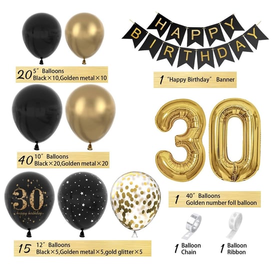 Zestaw balonów na 30 urodziny w kolorze czarnym i złotym 85el Galaxy