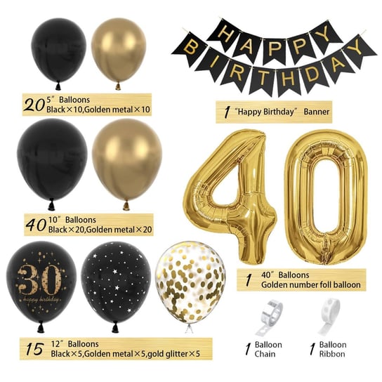 Zestaw balonów na 40 urodziny w kolorze czarnym i złotym 85el Galaxy