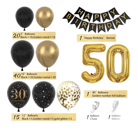 Zestaw balonów na 50 urodziny w kolorze czarnym i złotym 85el Galaxy