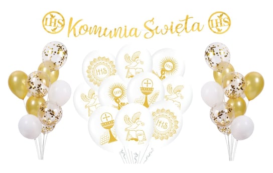 Zestaw balonów na Komunię Świętą biało złoty Gołąbek Balony Dekoracje IHS Kielich Szafran Limited