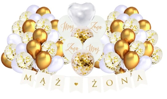 Zestaw balonów na Rocznicę Ślubu, Ślub Wesele biało złote baner mąż żona Szafran Limited