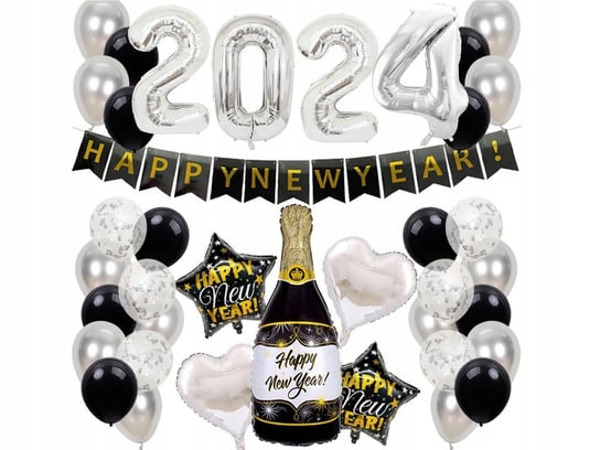 Zestaw Balonów Na Sylwestra Srebrno-Czarny Nowy Rok Happy New Yer ImprezCzas