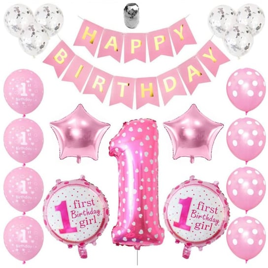 Zestaw balonów urodzinowych na roczek dla dziewczynki - różowy HEDO